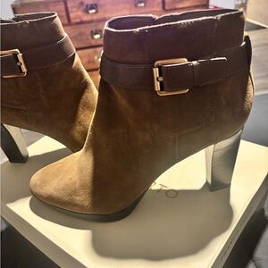 Franco Sarto Suede Ankle Booties in Chestnut Brown with Buckle